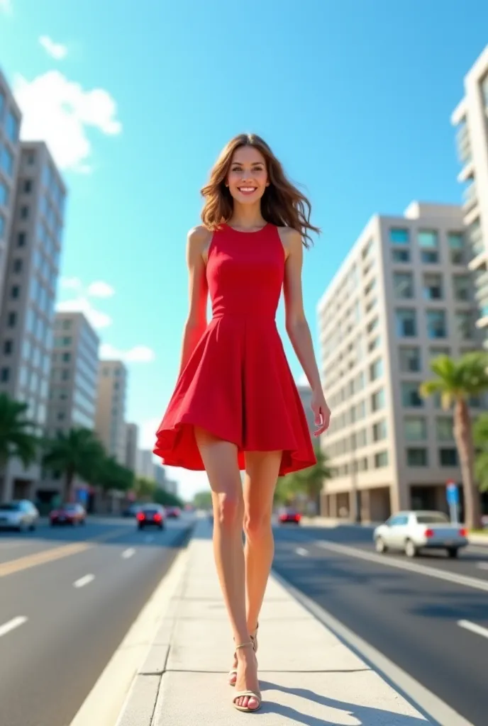 "Create a CGI image of a beautiful woman walking on the edge of a building by the road. She is wearing a red dress and smiling, exuding a cheerful and confident vibe. The background should include a busy city street with buildings towering in the distance....