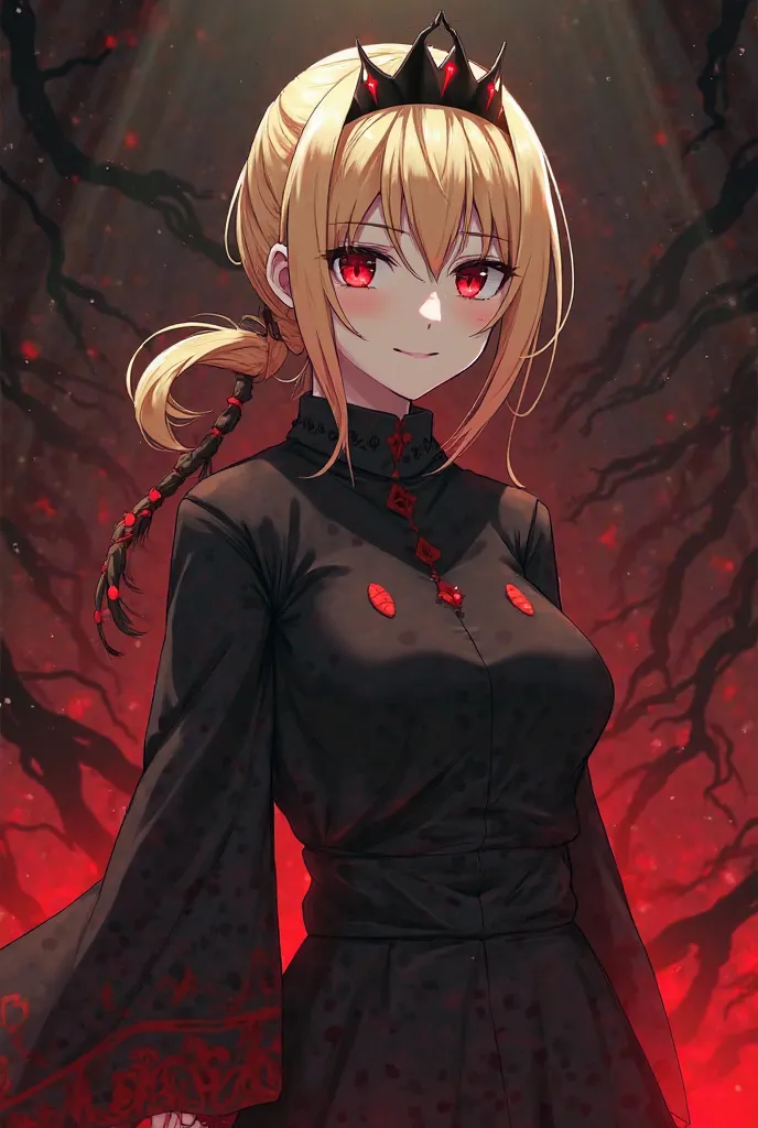  Make images for me : A very beautiful 15-year-old with blond hair tied in a very beautiful and effective hairstyle in battle she has a discreet black crown on her head she has red eyes she shows a proud smile with vampire fangs, She has pale skin She wear...