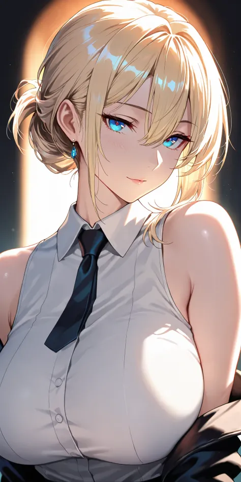 Masterpiece, very aesthetic, vibrant, high contrast, high resolution, ultra detailed, cool and mature woman, elegant, blonde hair, hair between eyes, swept hair, updo hair, blue eyes, upper body, tie, sleeveless collared shirt, off shoulder jacket, side bo...