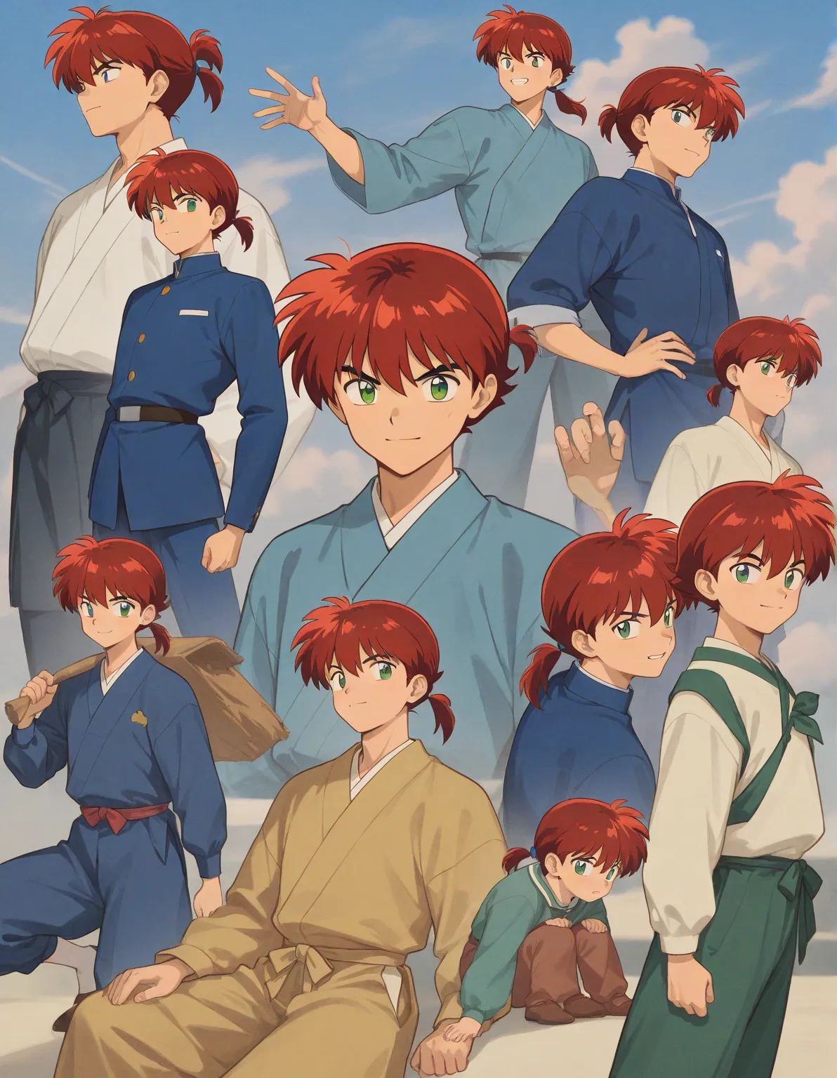 One little 11 boy  that is a sixth grade primary school student. He has really short red hair and green eyes wearing a blue uniform. He is daring. Handsome. Inuyasha anime character art style. High quality. 