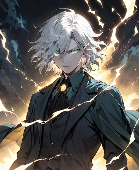 ( masterpiece,  Top Quality:1.2), alone, {{One boy,  for men, Edmond Dantes  ,   expressionless ,  closed my mouth,  watching viewers,  wave hair,   Hair ,  gradation  shirt that Furakana has , formal,   shirt,   Long Sleeve, Cape,    electricity   