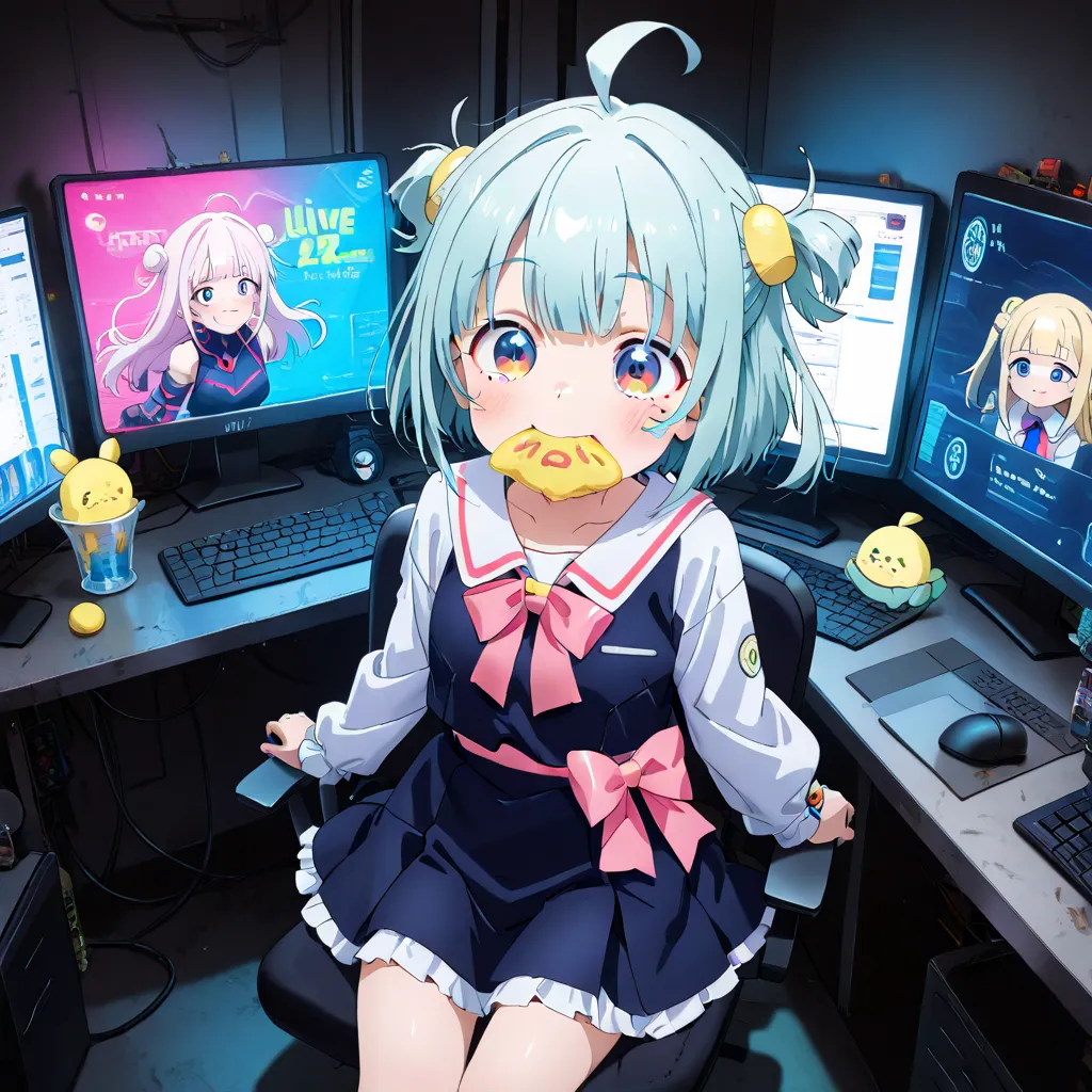 best quality, very aesthetic, ultra-detailed, best illustration、 pilot a small F-22 、cute elementary school girl raising her mouth、（（is young））、cute cyberpunk clothes、、An idol wearing an idol costume、A futuristic office with lots of computers、My live video...