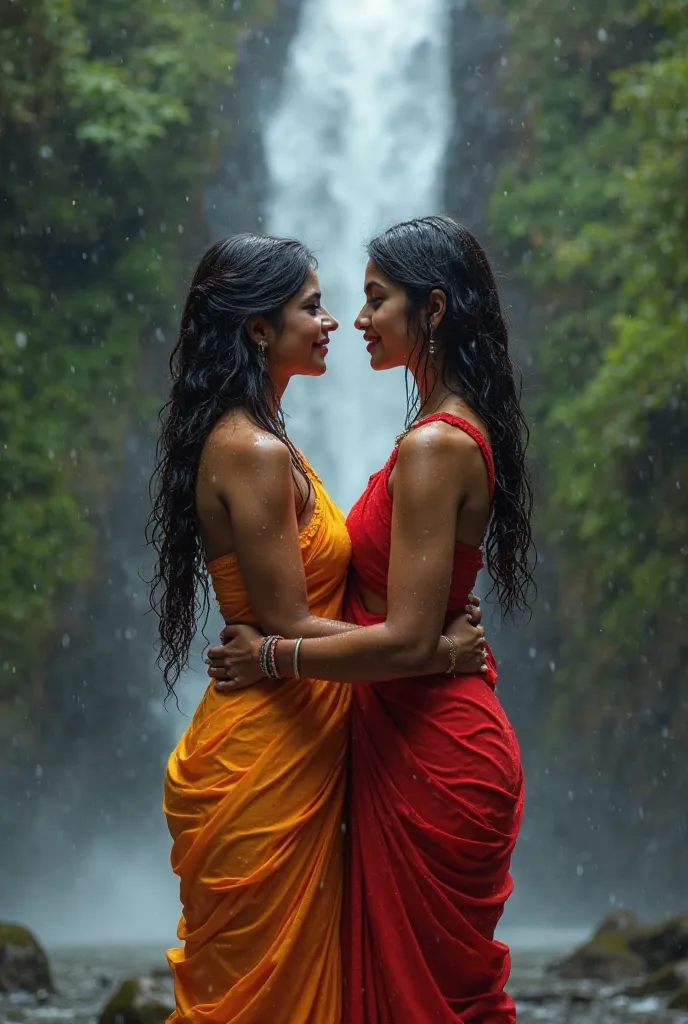 "A romantic scene of two Indian women in a loving lesbian relationship, standing together in front of a breathtaking waterfall. One woman is 30 years old, and the other is 25, both with slim, hourglass body shapes. They are wearing wet, clinging sarees tha...