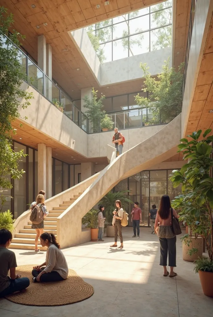 "Create interior visuals of a student center with a combination of green, earth tones, and beige tones, including its stairs."