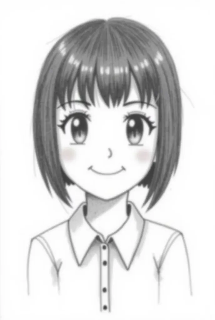 can you make a simple pencil sketch with the description: short dark brown hair above the shoulder hair (no bangs), slightly chubby cheeks, monolid eyes but look like have natural eyeliner, fine eyebrows, and gummy smile with small dimples at the corner of...