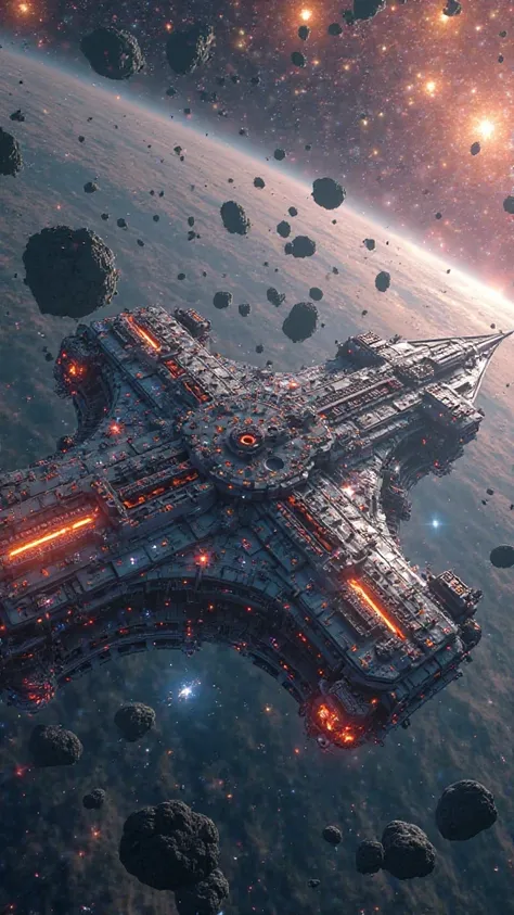 A grand space station, the size of a small moon, hovers at the center of an asteroid field, glowing with neon lights and energy beams. The station is a sprawling metropolis, its streets filled with people from every corner of the universe. The entire struc...