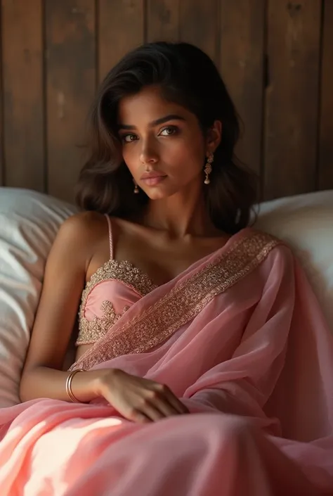 Ok make the same girl wear a pink colour loose saree like india with her waist a little revealing and lying on the bed. Mixture of Hot and beautiful 