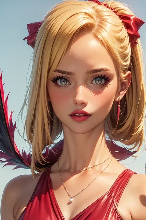 1girl, jewelry, dress, red_dress, solo, feather_boa, blonde_hair, earrings, pearl_necklace, bow, red_lips, hair_bow, looking_at_viewer, necklace, grey_background, sleeveless, makeup, sleeveless_dress, red_bow, lipstick