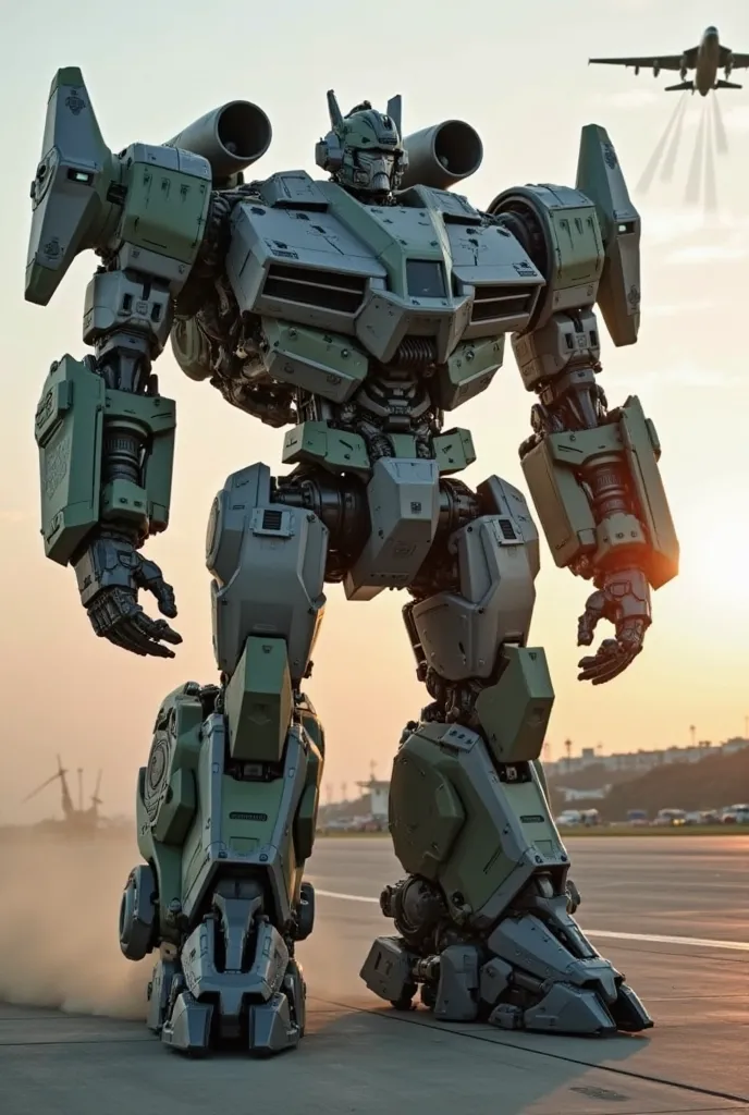 The transformer has a massive, robust shape with a gray metallic coloured armor and subtle dark green markings. There are four distinctive engines on his back, that make him look like a gigantic air transport soldier. His helmet has a tactical design with ...