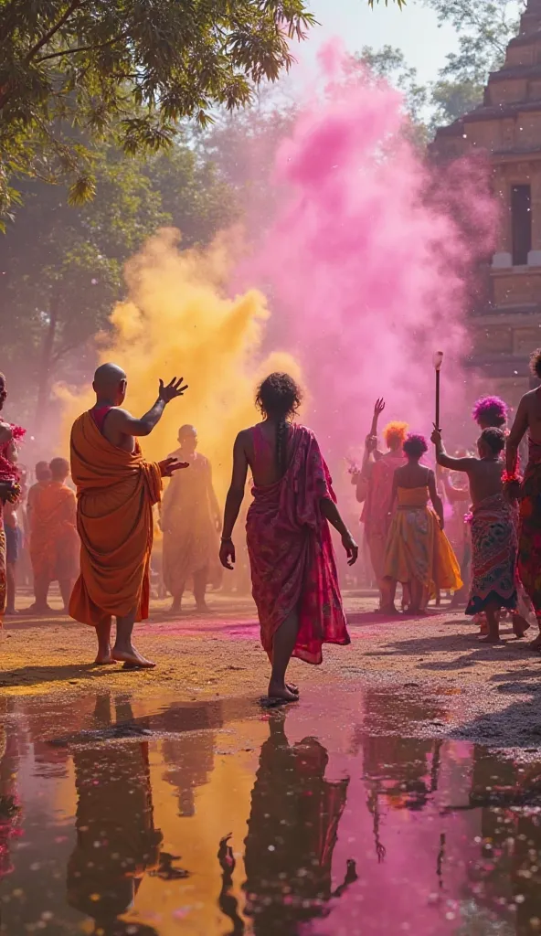 A breathtaking scene of the Holi festival in India, where people of all ages and ethnicities throw bright powders into the air, creating a vibrant explosion of colors. In the background, a peaceful Buddhist temple with a monk meditating under a tree contra...