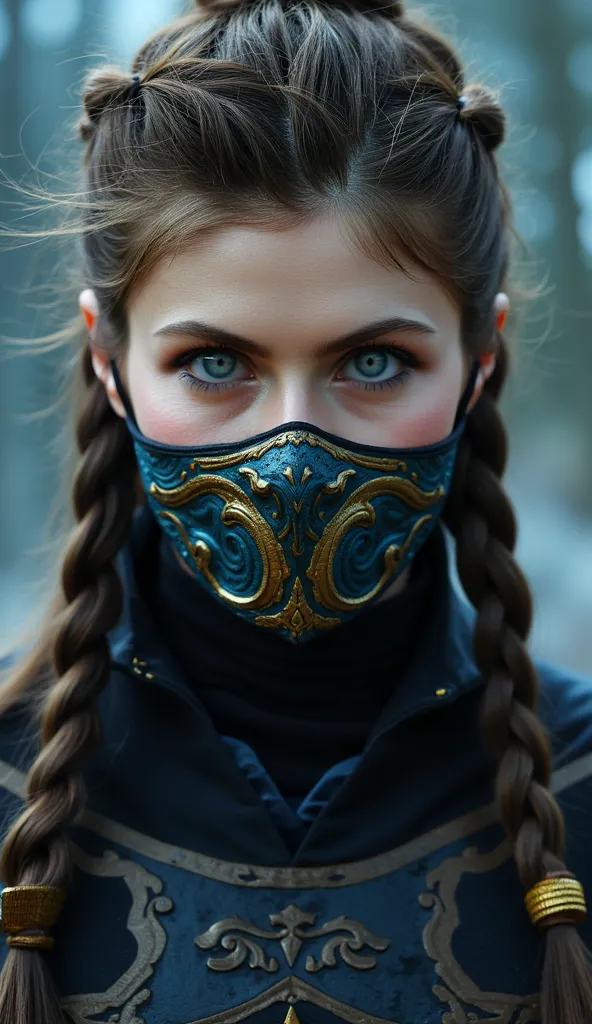  Here is a detailed prompt to generate an image  ** super realistic** like ****, in a style **viking**, focused **only on the face**, with a very detailed and shiny metallic blue and gold mask, and an impactful background:  

---  
**"Close-up hiper-realis...