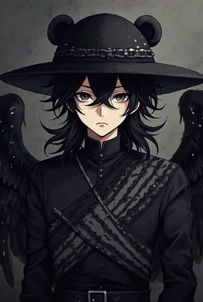 Black hair male anime with black black hat in the shape of a black bear, black shirt gray stripe top left corner down right corner, black murmur with many white dots, small black wings, katana mini