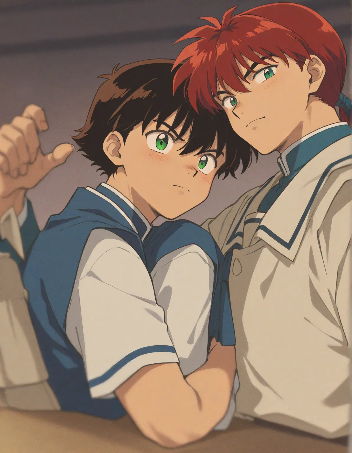 One little 11 boy  that is a sixth grade primary school student. He has really short red hair and green eyes wearing a blue uniform. He is daring. Handsome. Inuyasha anime character art style. High quality. 