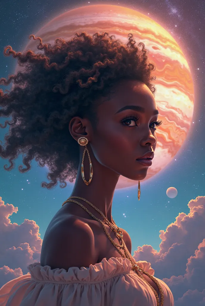 Jupiter as a black woman in the universe. In pretty animation 