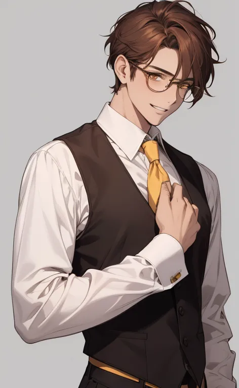 (masterpiece,best quality,ultra_ detailed, highres,absurdities),A mature male , 30th job , (broad shoulder), (Muscular), male focus, Alone,  ruffled brown hair , current, shirt, black gravata, gravata, simple bottom,  Yellow Eyes, upper body, vest, short h...