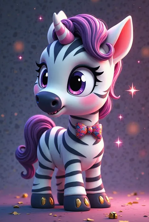 Appearance:Zippy is a playful, cartoonish zebra with bright, bold black-and-white stripes that shimmer with a magical glow. His eyes are large and expressive, with long, curly eyelashes that make him look both cute and mischievous. He wears a tiny, colorfu...