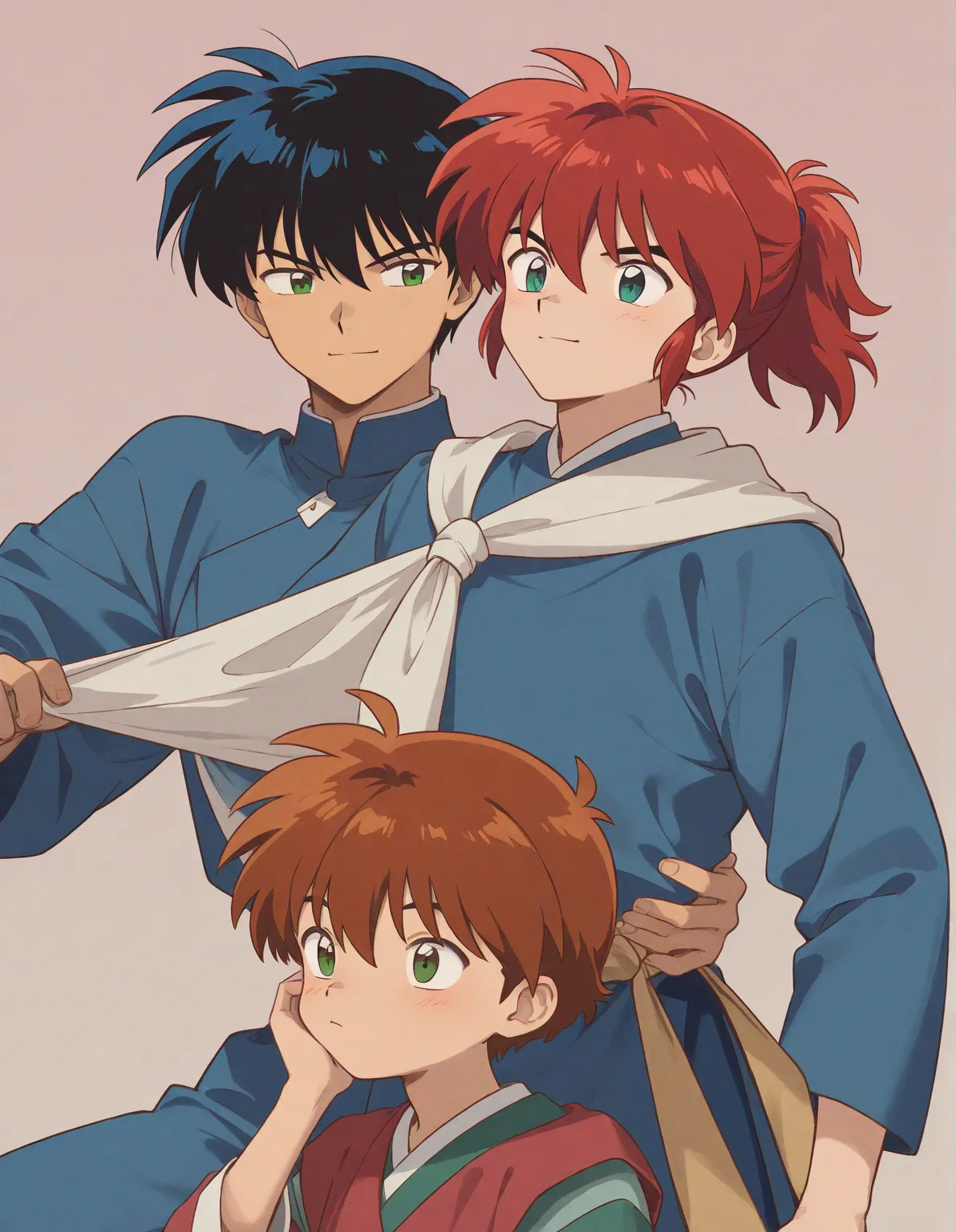 One little 11 small boy that is a sixth grade primary school student. He has really short red hair and green eyes wearing a blue uniform. He is daring. Handsome. Inuyasha anime character art style. High quality. 