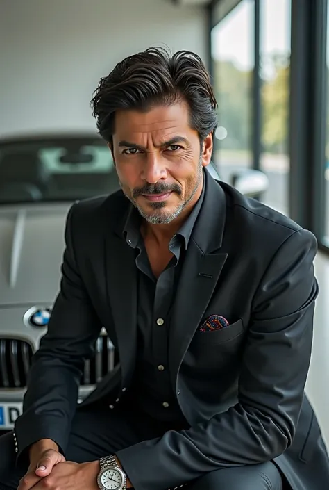 Srk photo sitting  instyle in  front of z blach z series bmw  seing in front and not hiding logo of bmw and entire car in visible 
