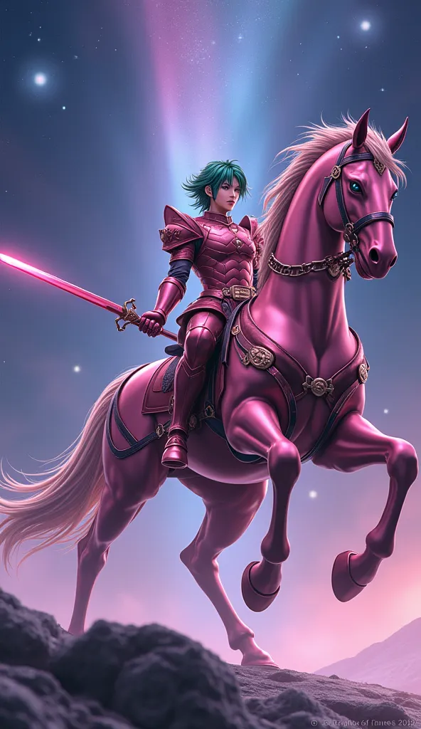 Shun, the Bronze Horseman of Andromeda from the anime The Knights of the Zodiac, in an ultra realistic style, como se fosse um live action. He wears Andromeda's iconic Bronze Armor, Are you without the helmet, the armor on the body has an intense pink meta...