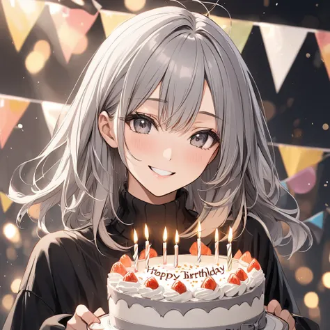 cute girl　Gray Hair　　is facing the front　smile　birthday　　