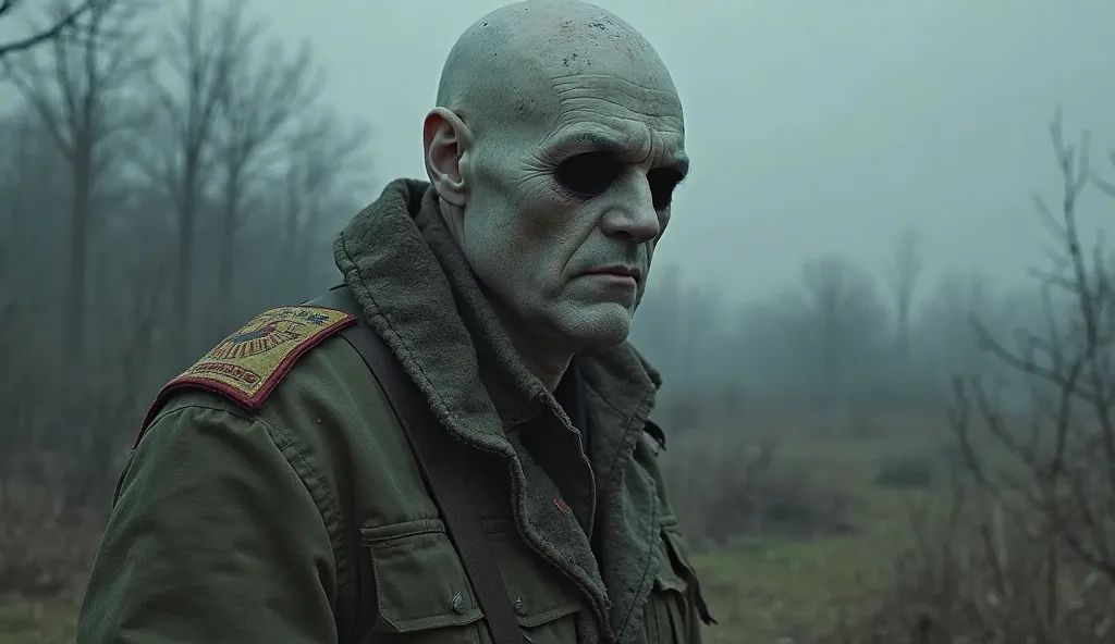 Behind Алексей, half-shrouded in mist.
His face is ghastly pale, with empty black eye sockets.
His Soviet military uniform is tattered, covered in mud and blood.
His lips are parted as if whispering something ominous.