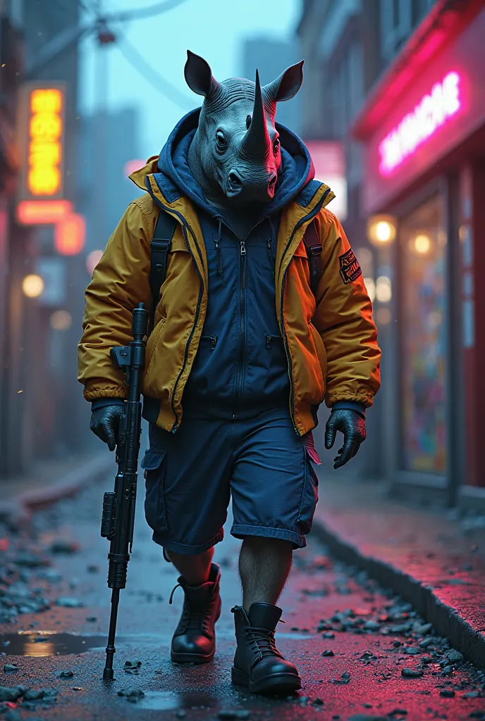 Neon art, cgi-3d art , hyper- realistic ,tech noir art,Hyper - Realistic Sumi E Art Fauna Macho Tech Noir Walking Rhino Head ,blue yellow jacket,  brown leather jacket ,, techno art fauvism , hold a rifle in the middle of the city ,brown jacket leather ash...