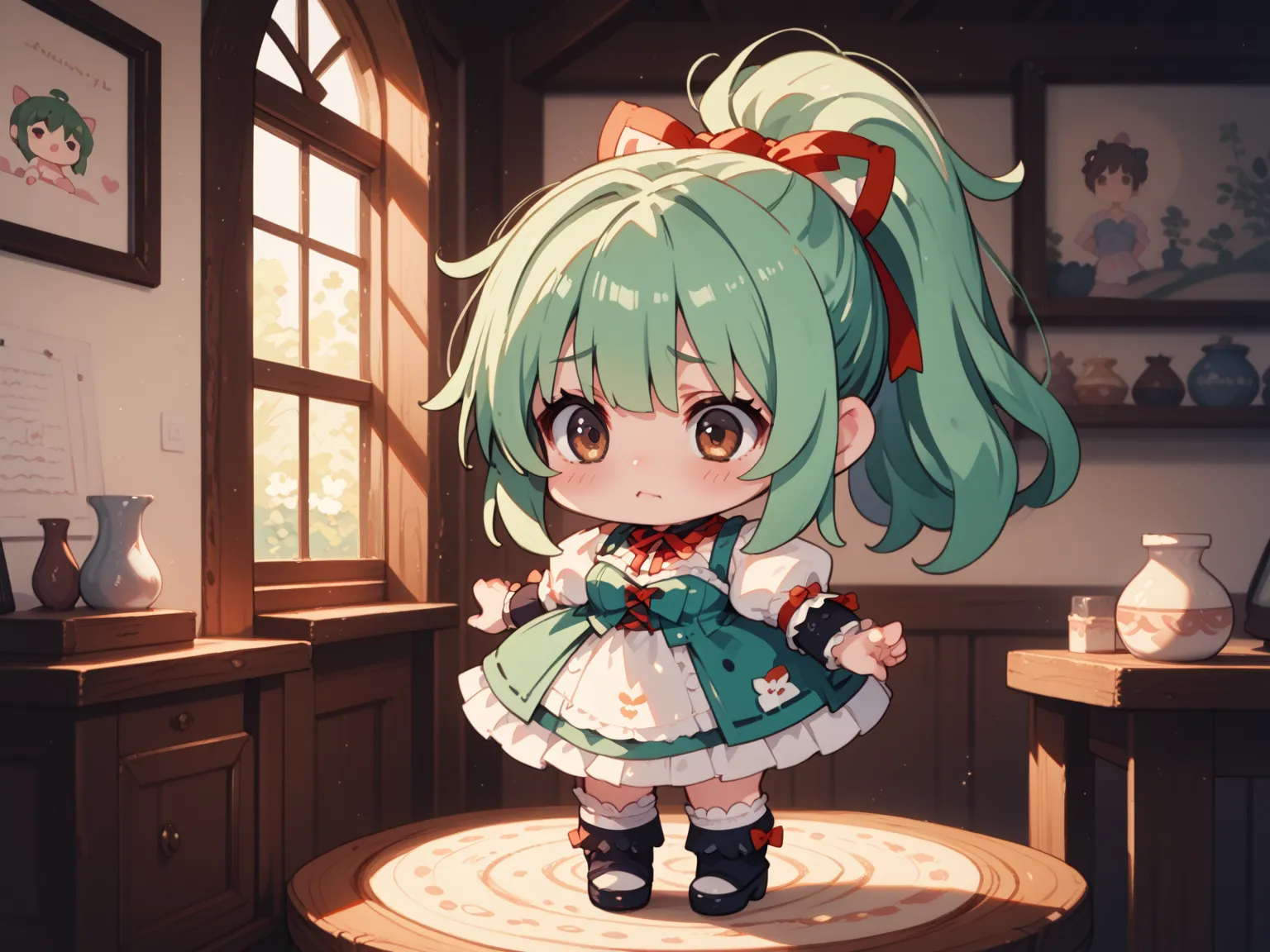 1人の女の子（とても幼い、chibi）、full body、,green hair,okappa,high ponytail,swept bangs,brown eyes, + +,Sweet Lolita, worried,large breasts, tsurime