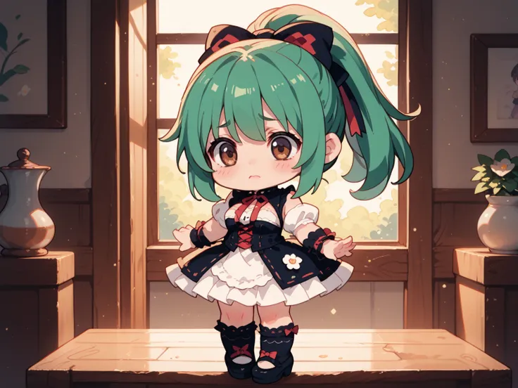 1人の女の子（とても幼い、chibi）、full body、,green hair,okappa,high ponytail,swept bangs,brown eyes, + +,Sweet Lolita, worried,large breasts, tsurime