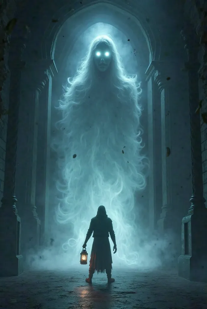 The ghostly figure suddenly turns to face Veer, revealing bright, glowing eyes. The room becomes darker, with a shift in the lighting as the figure’s presence intensifies. The ghost’s form is swirling with mist, and the figure's face is both beautiful and ...