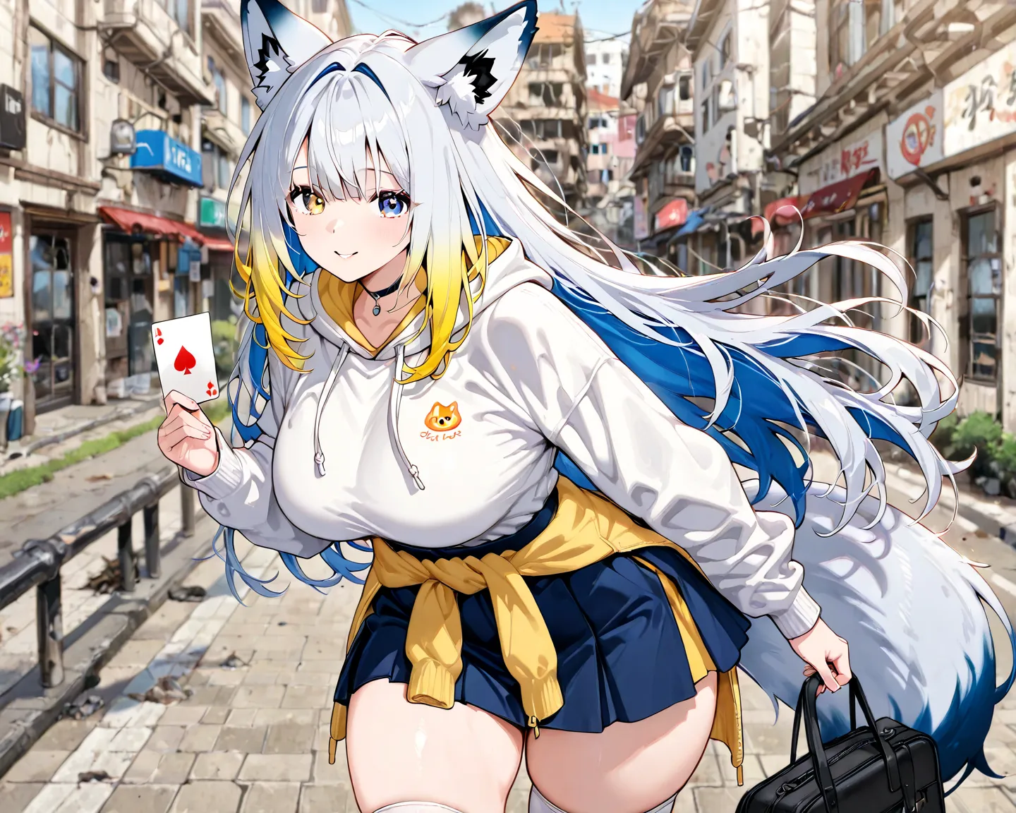 adult woman,  Sickly but bright、
I have a card holder attached to the thigh of my left leg、
silver hair with bright yellow tips
The inner color is blue、
eye color is magenta、
thick thighs and big breasts、
fox ears grow、
 she's slightly short 、
wearing a wh...