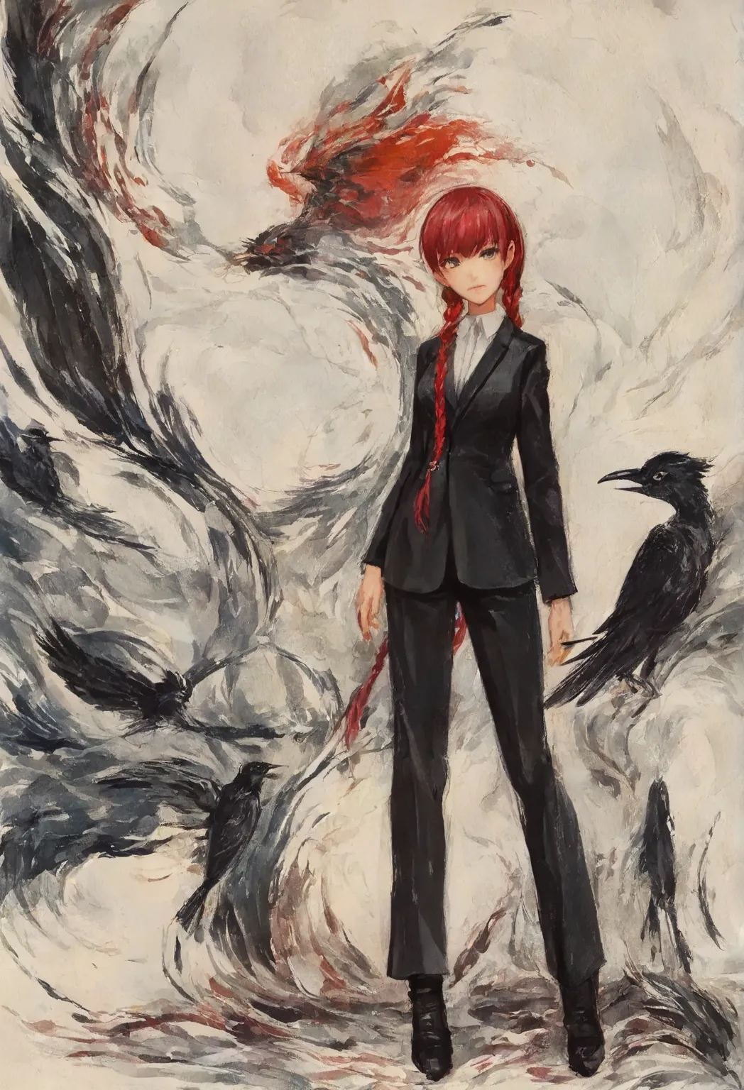  1girl , sensitive, alone,  suit ，下身黑色紧身 suit 长裤,  head tilt , stands，Full body size，Personal-like design， with red hair ，double braid，Extra long hair, A crow，depth of field, Simulated traditional media, Painting, Impressionism, masterpiece, High Score,  E...