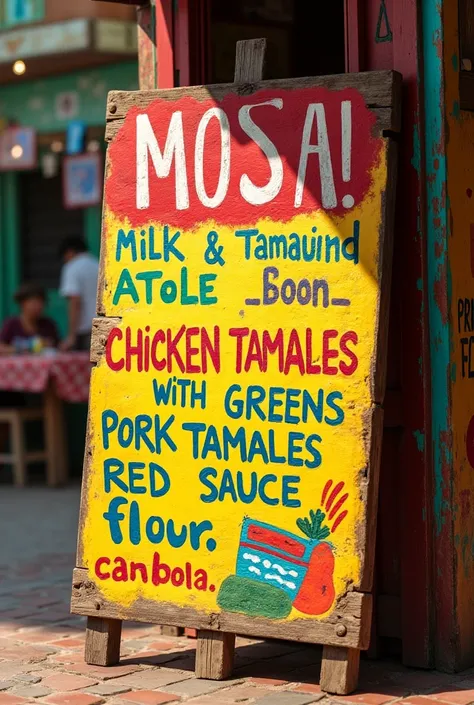 Make a sign containing this information: Sale of milk and tamarind atole , Chicken tamales (greens). Pork (reds). Flour and candy.