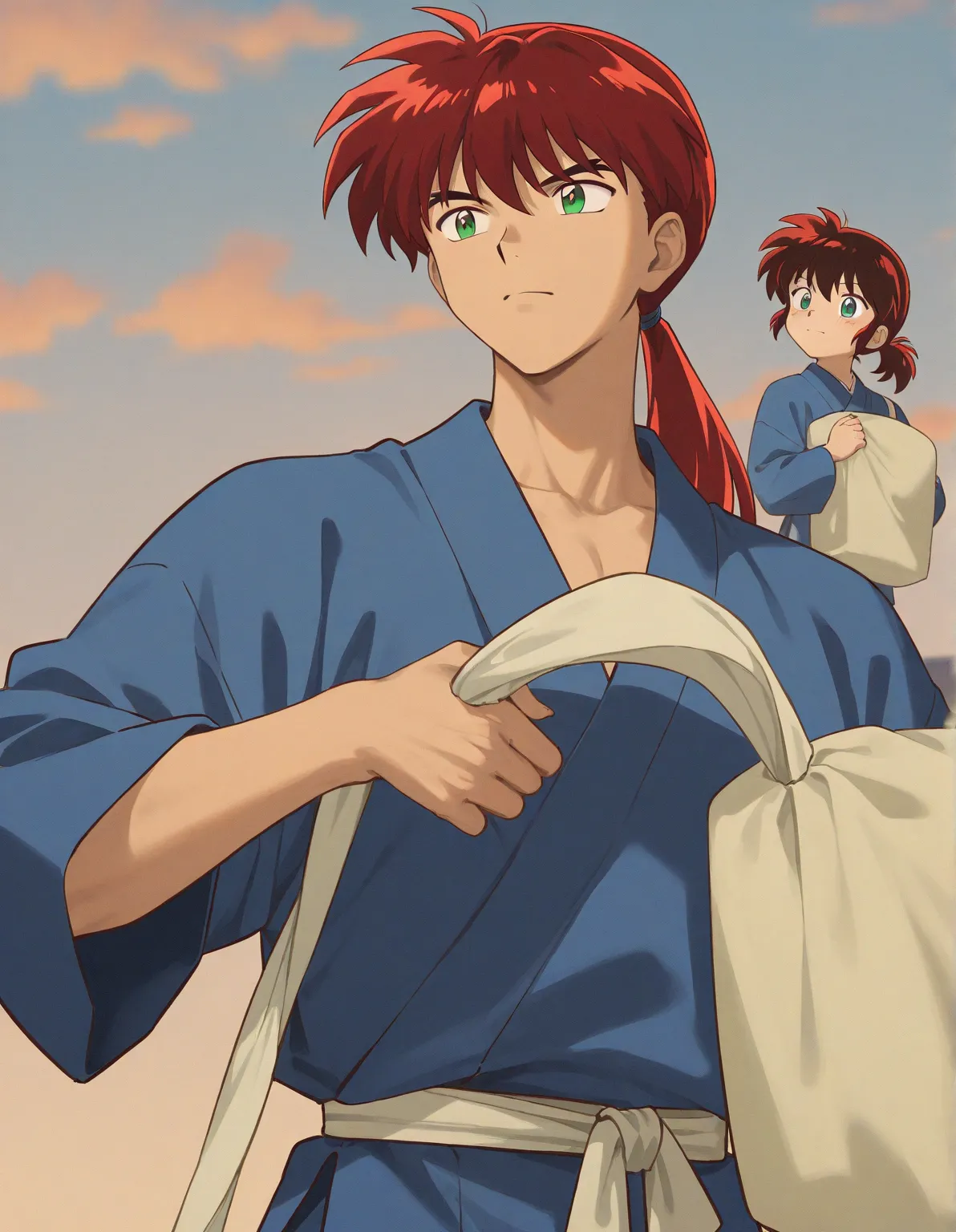 Just one little 11 boy  that is a sixth grade primary school student. He has a little long red hair and green eyes wearing a blue uniform. He is daring. Handsome. Inuyasha anime character art style. High quality. 