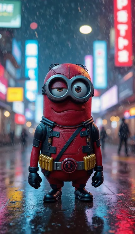 A hybrid Minion-Deadpool character standing confidently in the middle of a cyberpunk city at night, blending the chaotic energy of both personas. The Minion wears a perfectly detailed Deadpool suit, complete with red and black tactical armor, black gloves,...