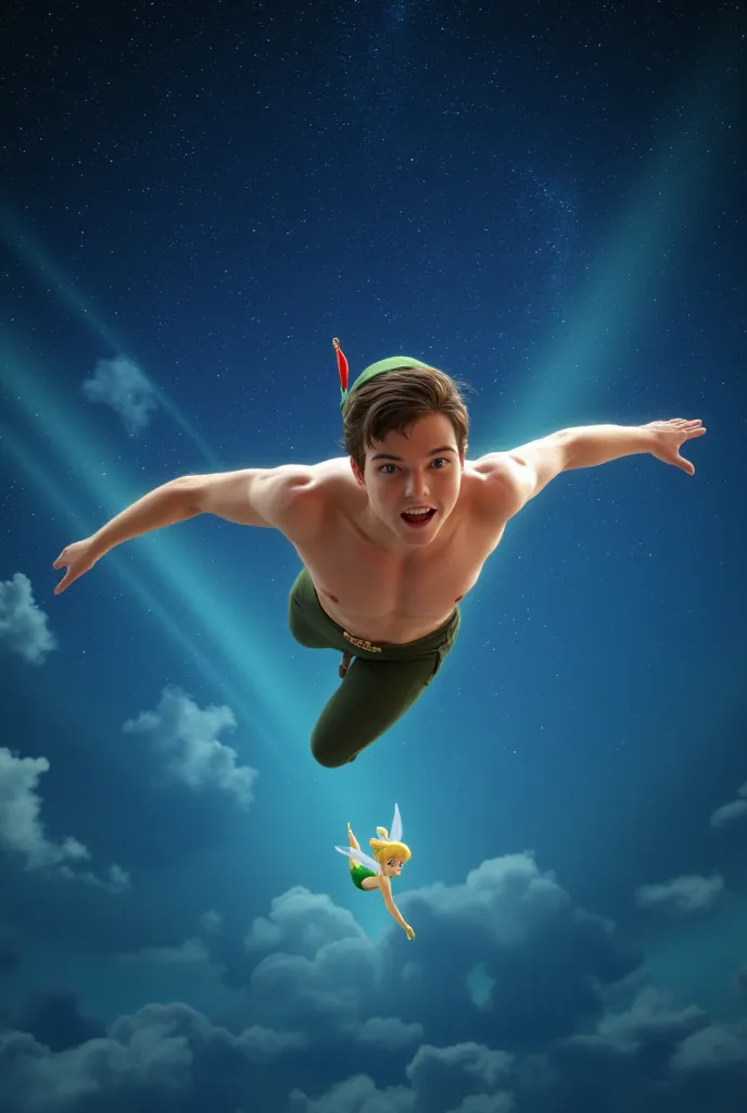 Peter Pan flying. No shirt. Background of blue skies, white clouds and brilliant stars. Tinker Bell apears smiling.