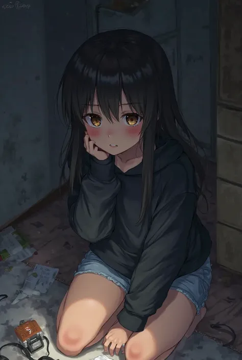 I need an anime girl,  black-haired uniform, brown eyes and brown skin, sitting on the floor watching a camera in a small, dark room, in the dim light of a lamp, with sheets and papers thrown away, while wearing a black sweatshirt and light blue shorts, an...