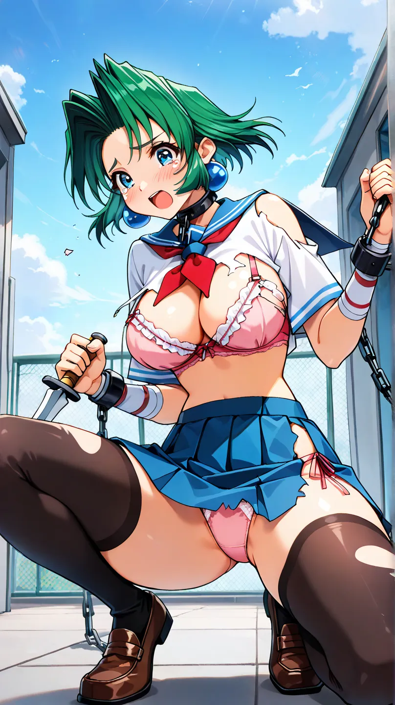 (masterpiece, best quality:1.2),(super high definition),( super precise face),(torn clothes 1 :2)( restrained by a chain :1.3)1 girl,Alone,toshinden_Ellis,((SMALLE BREASTS)), gets down on one knee, open, holding dagger knives in right and left hands,held i...