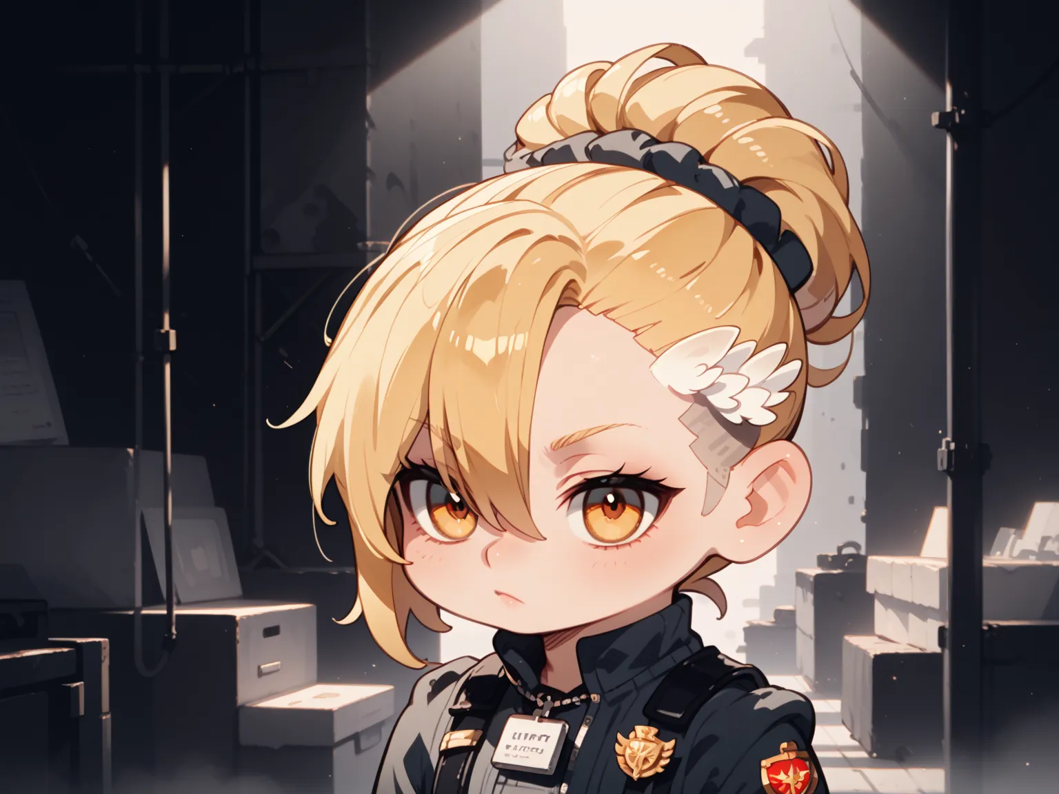 1人の女の子（とても幼い、chibi）、full body、,blonde hair,undercut,half updo,hair between eyes,amber eyes, mismatched pupils,janitor, grimace,head wings, dashed eyes