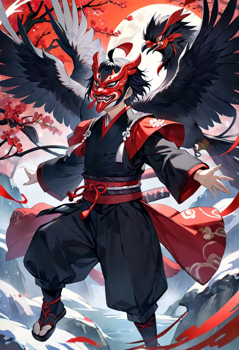 1 male、black tengu costume  、   tengu mask、       black hair、   short hair、   Amazing 、   