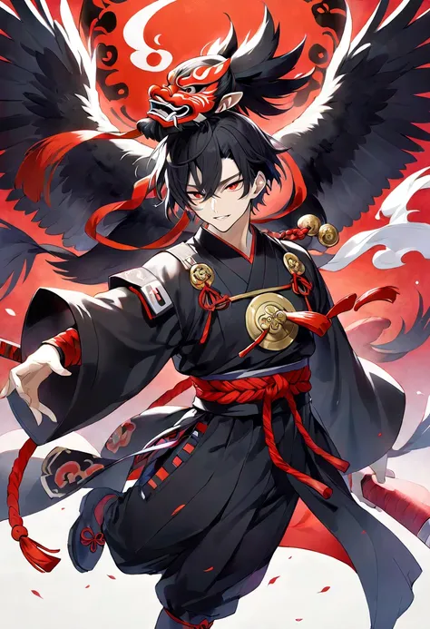 1 male、black tengu costume  、   tengu mask、       black hair、   short hair、   Amazing 、   