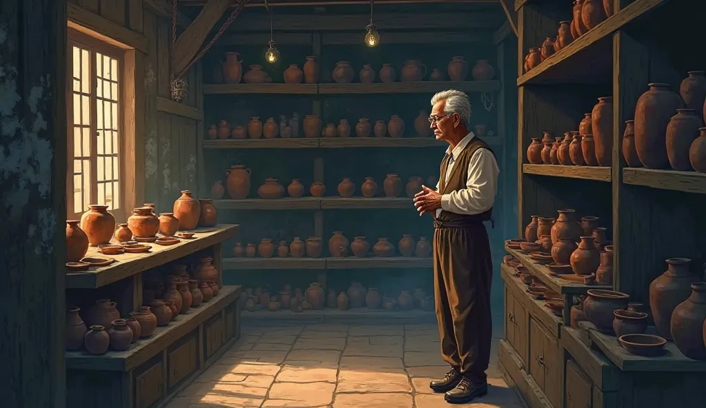 A worried shopkeeper in a nearly empty store, looking at unsold clay pots.
