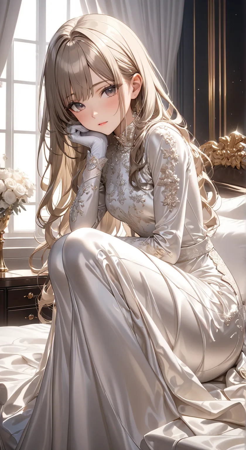 portrait、god々Shining light、( masterpiece,Highest quality, super high definition ),Extremely detailed CG,Japanese Female,((beautiful face)),(( long sleeve long dress made of shiny white silk satin))、((The dress has a simple design without embellishments)),r...