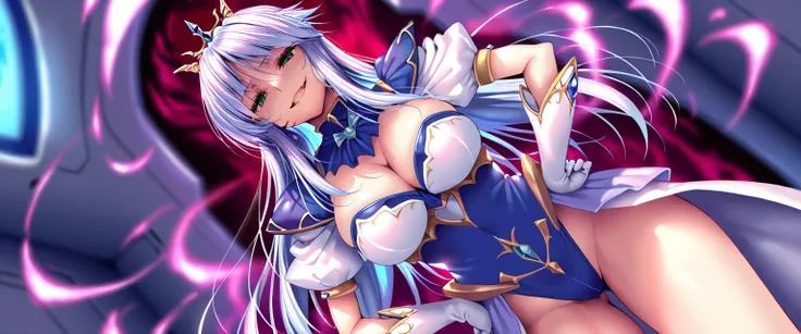 masterpiece, best quality,   1girl  , feena fam earthlight, Purple hair, green eyes, tiara, Enamel evil leotard  with attention to detail:1.3, White gloves, Sharp lines, Has cleavage,Thighs,(evil Smile:1.2)、、1 girl,  dark aura,Obscene lines:1.4, (piromizu ...