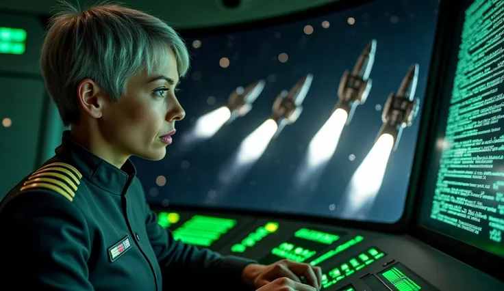 Close-up shot of a determined woman (5'8", short gray hair, gray uniform with commander insignia) in a control room, steely eyes fixed on a glowing screen showing static, hands gripping the console. Behind her, a wide viewport reveals ten sleek metallic sp...