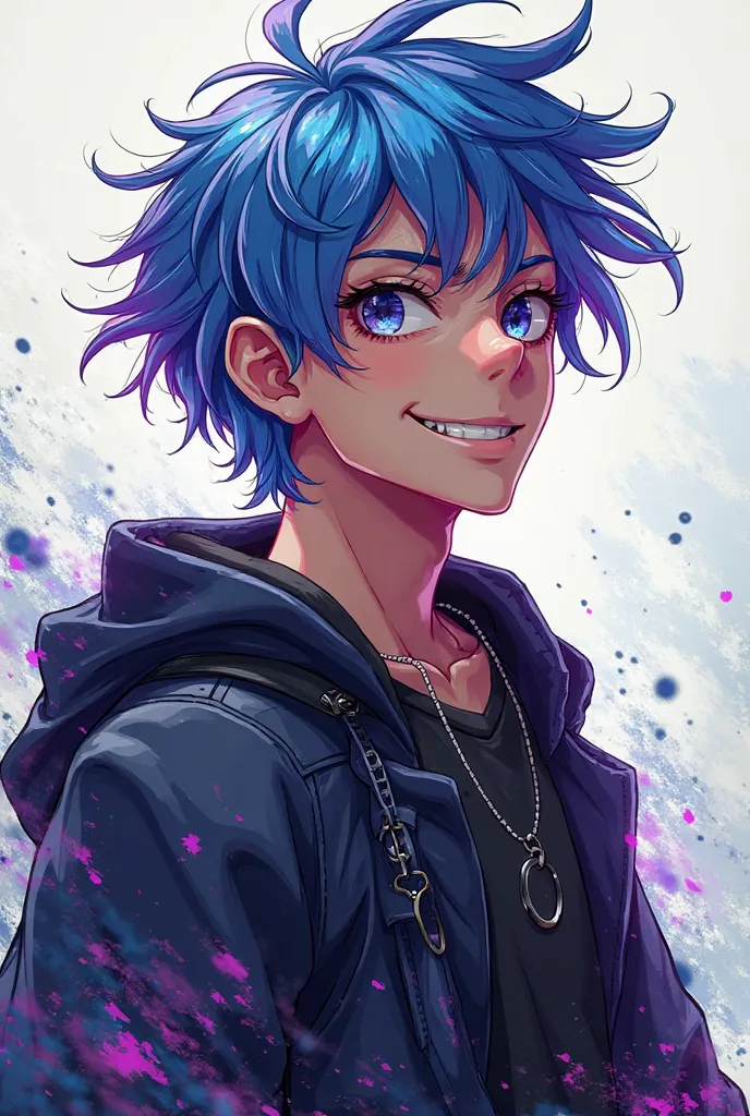 man, short hair blue and purple,  in dark clothes , excited