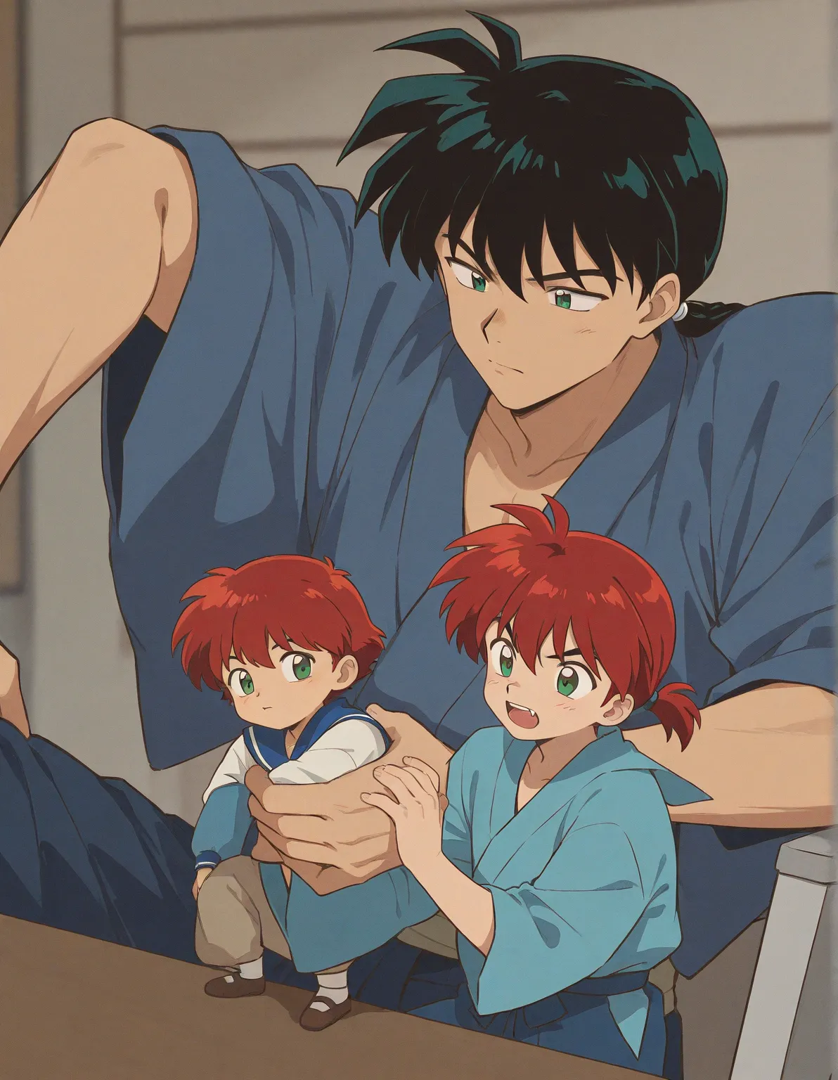 Just one little 11 boy  that is a sixth grade primary school student. He has short red hair and green eyes wearing a blue uniform. He is daring. Handsome. Inuyasha anime character art style. High quality. 