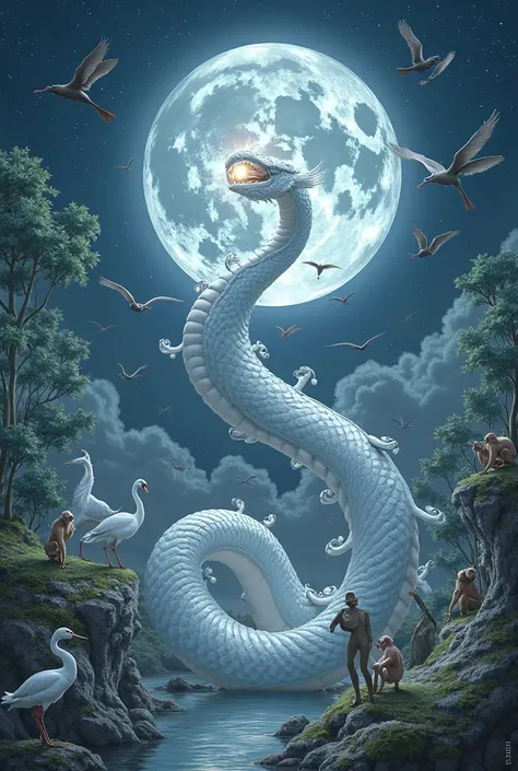 A big white naga with a crystal ball in its mouth, a full moon, many flying birds, many monkeys, and swans.