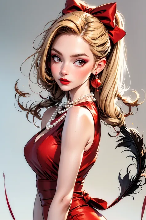 1girl, jewelry, dress, red_dress, solo, feather_boa, blonde_hair, earrings, pearl_necklace, bow, red_lips, hair_bow, looking_at_viewer, necklace, grey_background, sleeveless, makeup, sleeveless_dress, red_bow, lipstick