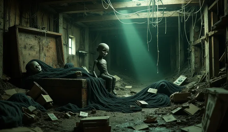 8k cinematic horror scene: Dusty attic filled with cobwebs, open antique chest overflowing with black wedding veils, the cursed doll sitting atop old photos of dead women (1823-2023). Single shaft of moonlight illuminating the doll's face, floating dust pa...