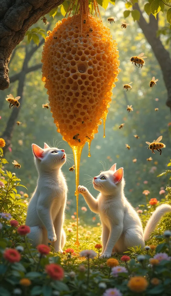 "In a dense, sunlit forest filled with towering trees and vibrant green foliage, a sleek white cat stealthily approaches a large honeycomb hanging from a thick tree branch. The honeycomb is golden and glistening, overflowing with rich, sticky honey, and su...